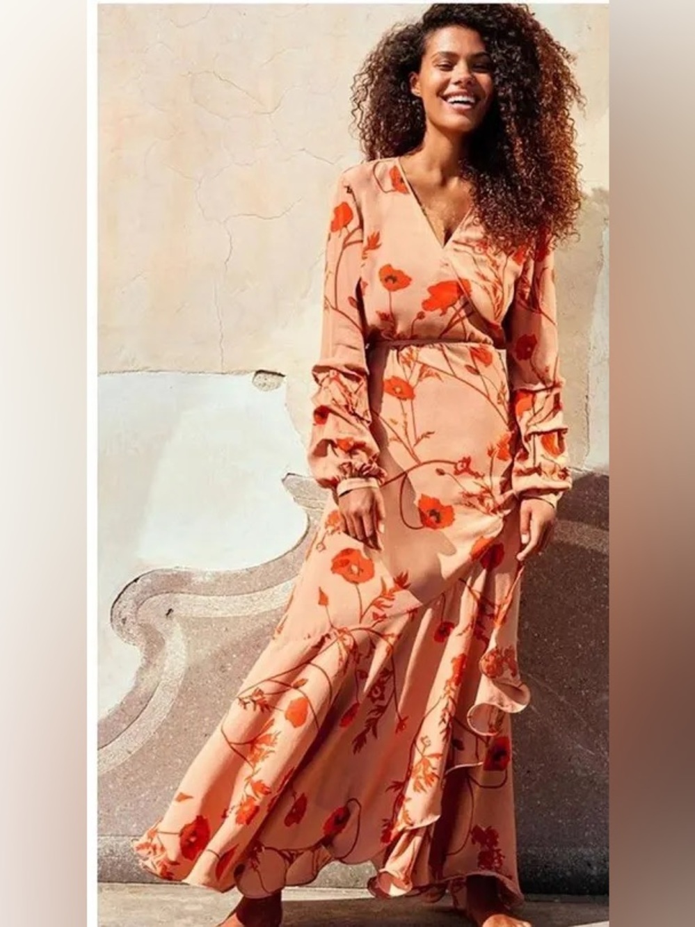 Johanna Ortiz x H&M Beige Poppy Print Wrap Maxi Dress Ruffle Hem Size M NWT
